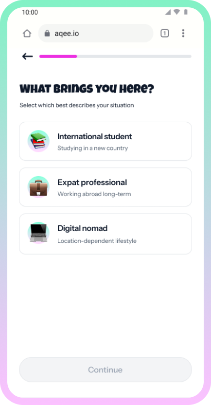 Aqee onboarding page to choose path from international student to expat professional or digital nomads