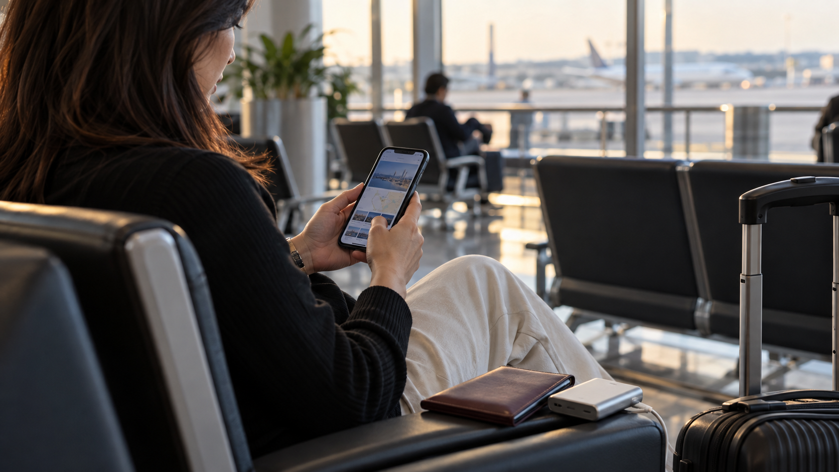 Traveller checking offline phone notes beside a power bank in an airport seating area