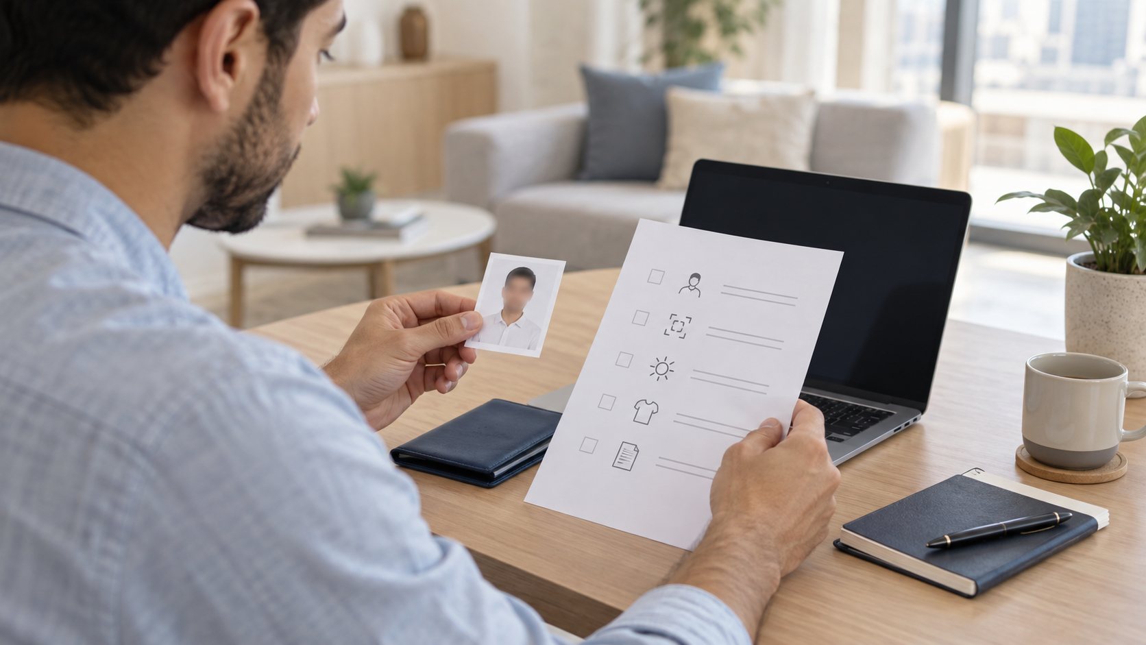 Person reviewing a personal photo checklist beside a passport holder at a desk