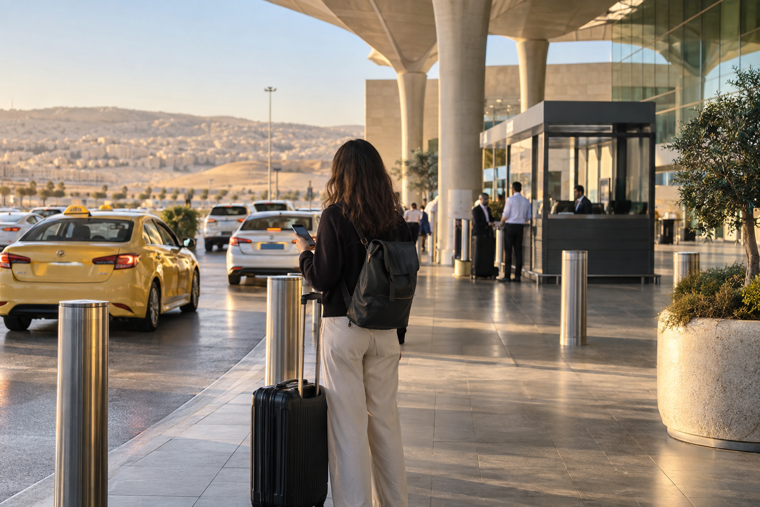 Traveller with luggage checking a phone beside a taxi at an Amman airport pickup area