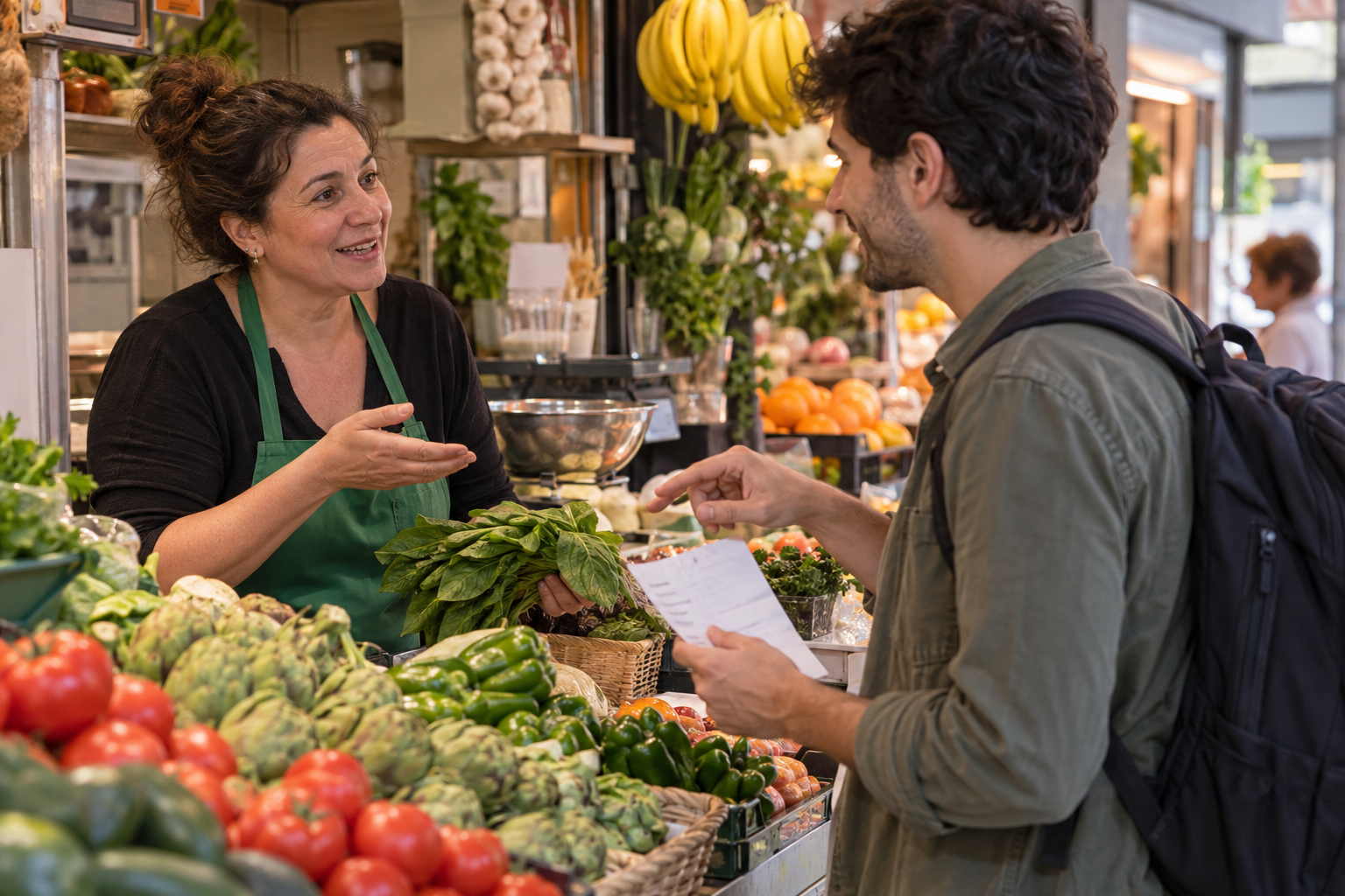 Newcomer practising everyday Spanish with a market vendor in Madrid