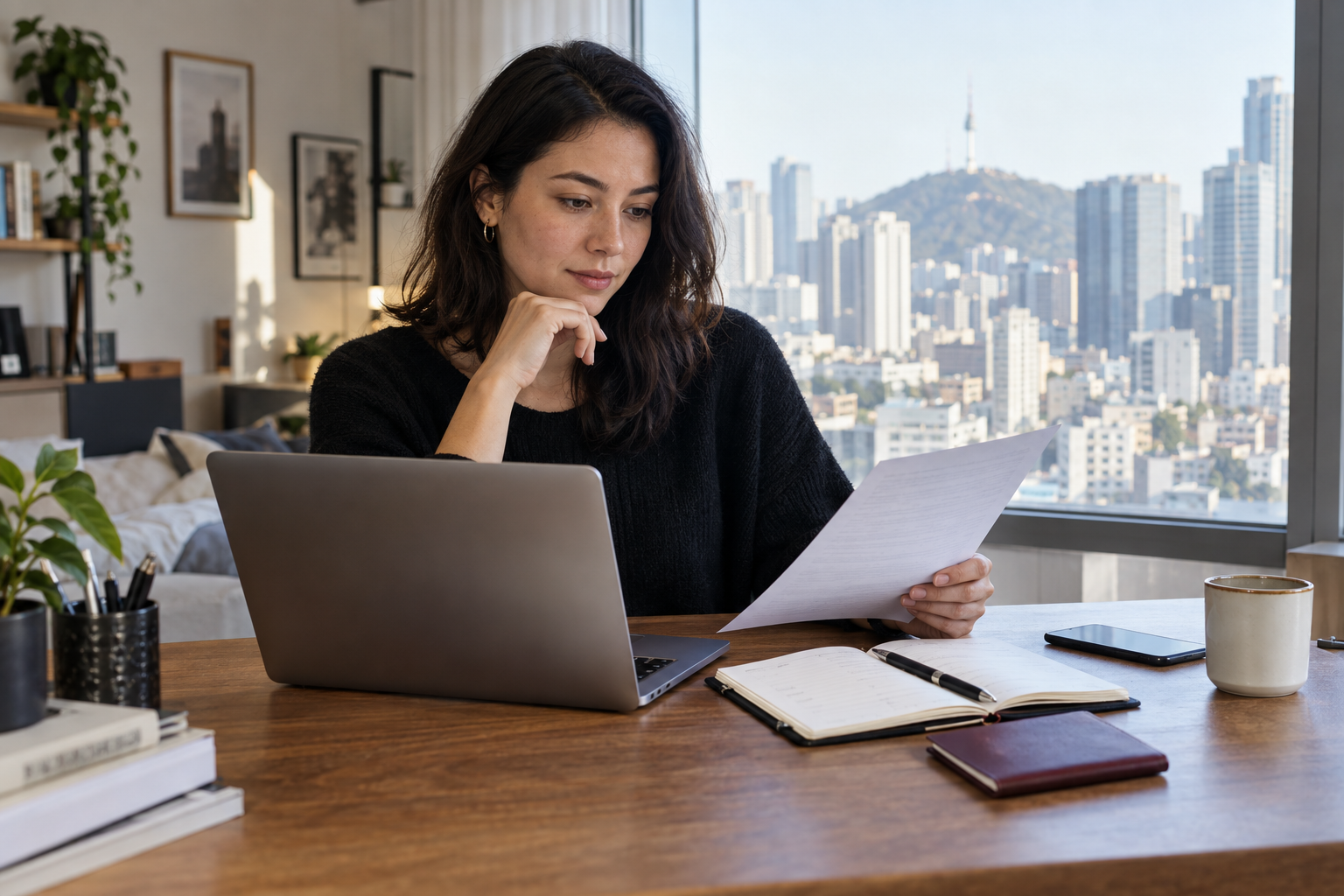 Remote worker reviewing travel and work documents at a desk in Seoul