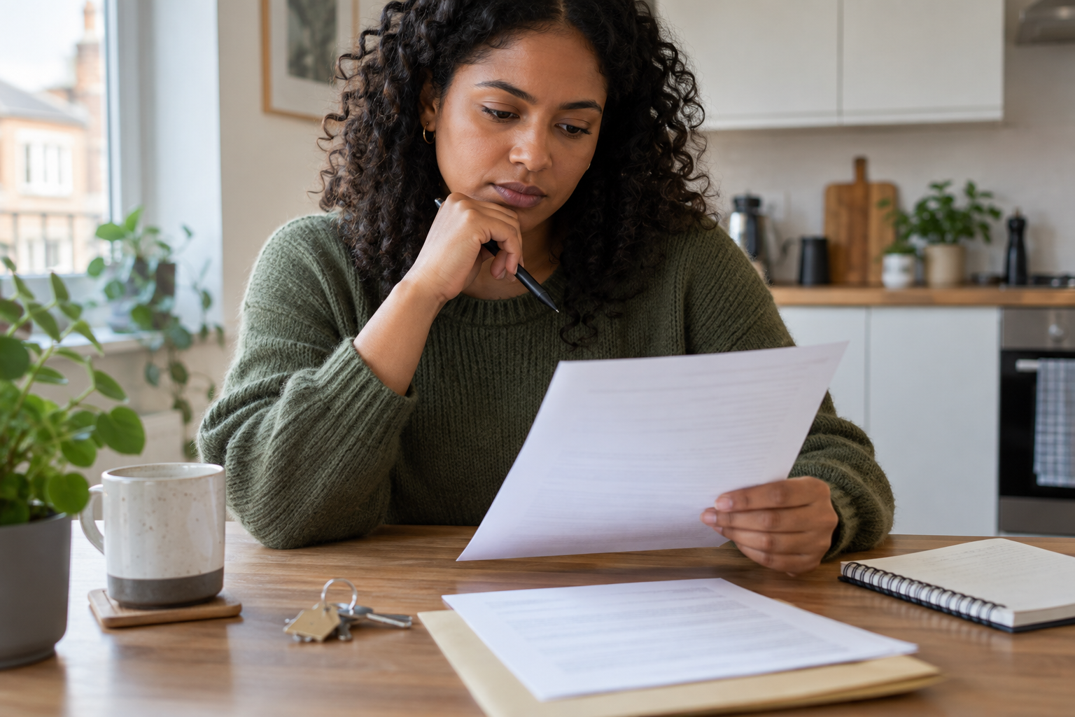Renter reviewing a tenancy agreement and notes at a kitchen table