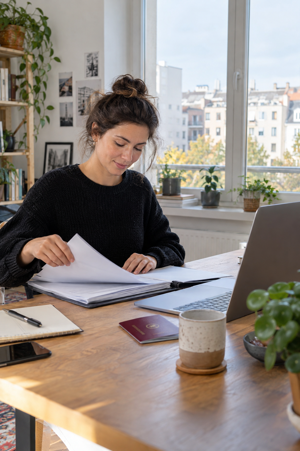 Freelance professional organising documents beside a laptop in a Berlin home workspace