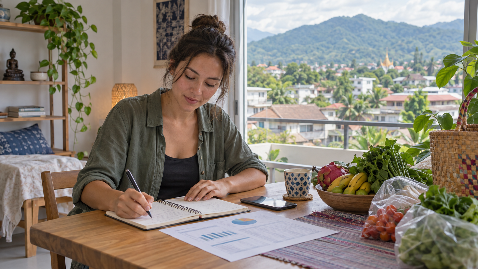 Person planning a household budget with groceries, notes, and a phone at home