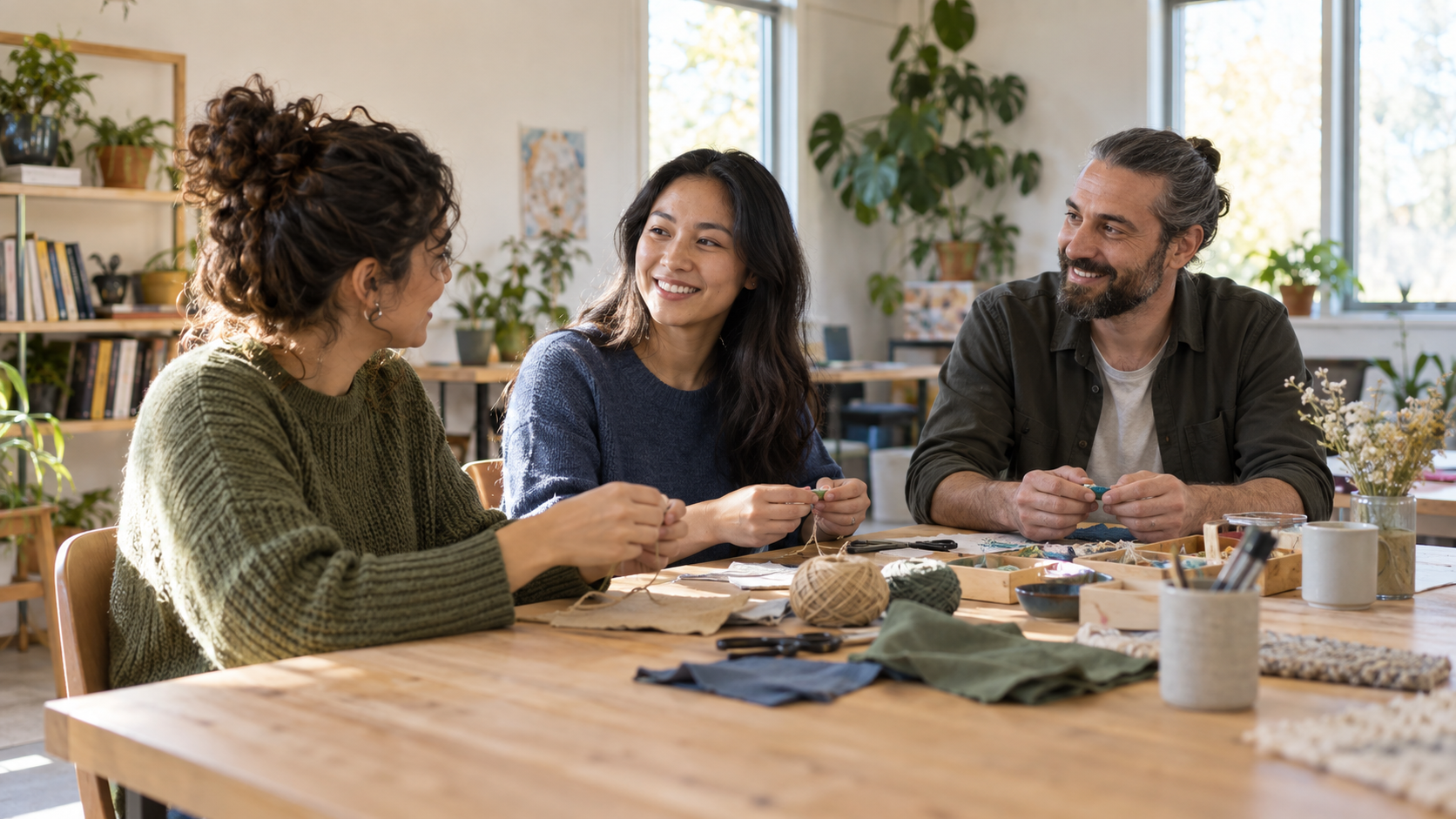Three adults taking part in a small community craft workshop