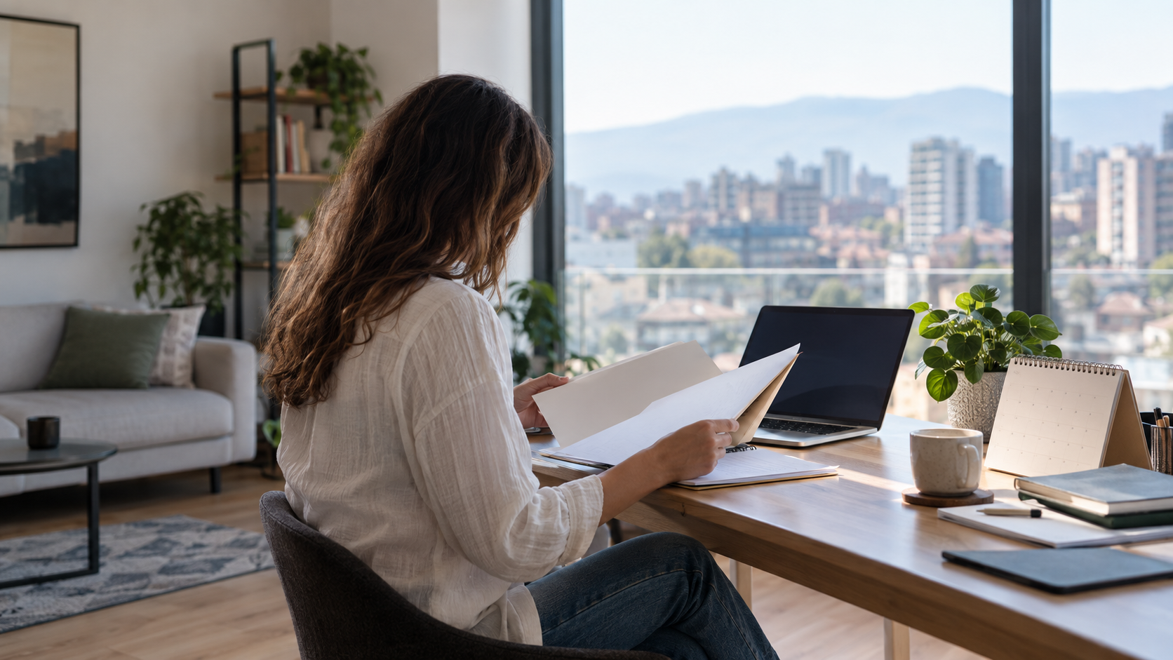 Remote professional reviewing an unmarked residence document folder before moving