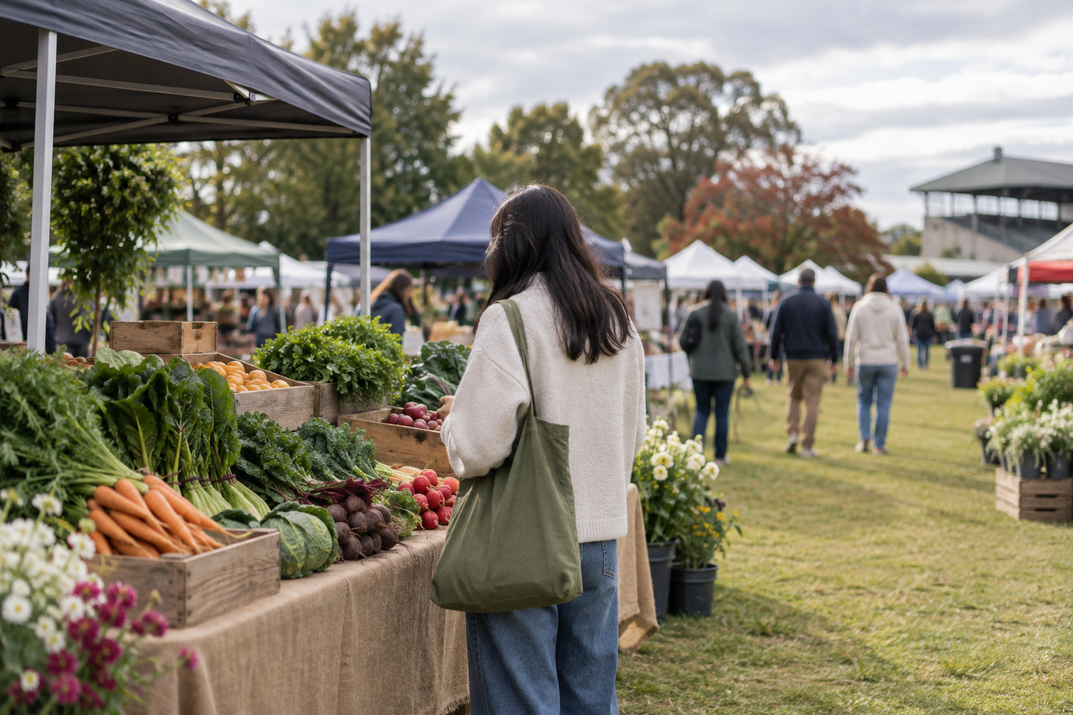 Visitor looking at fresh produce at an outdoor Christchurch weekend market
