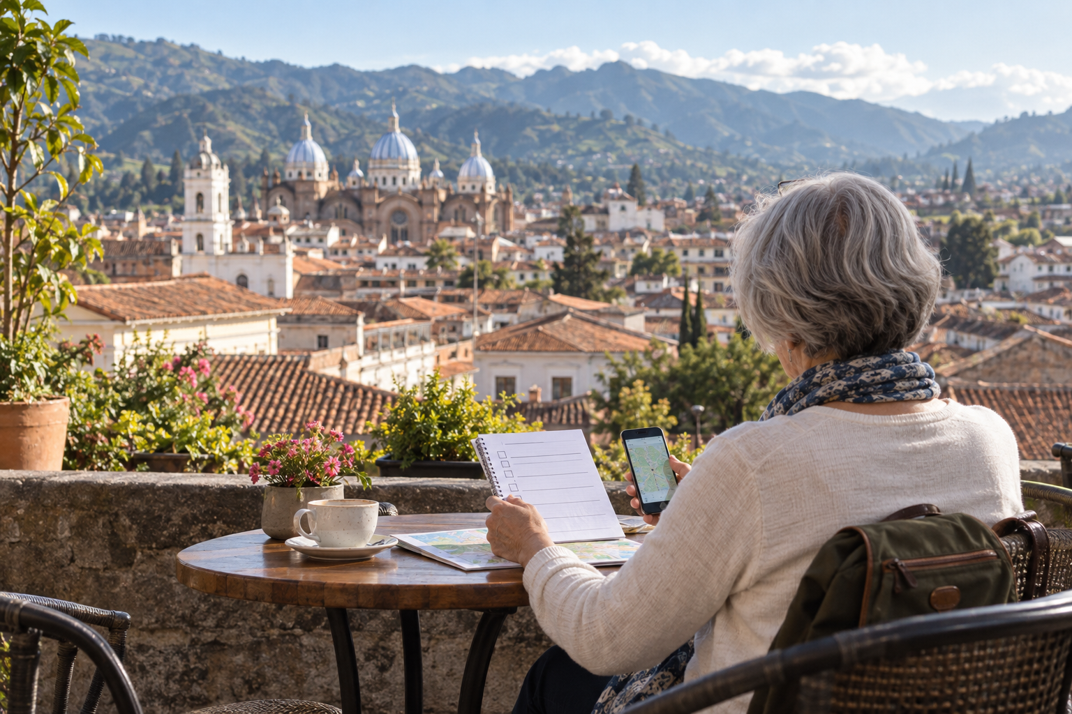 Traveller reviewing a relocation checklist above the historic centre of Cuenca, Ecuador