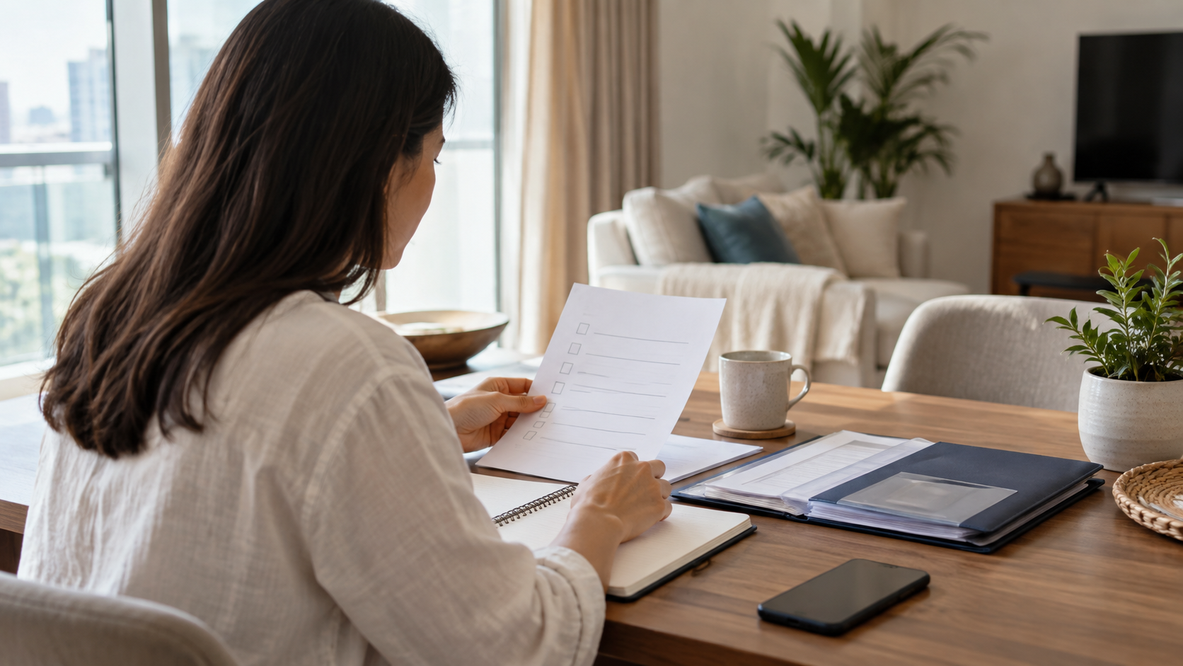 Person organising an arrival checklist and document folder at a home table