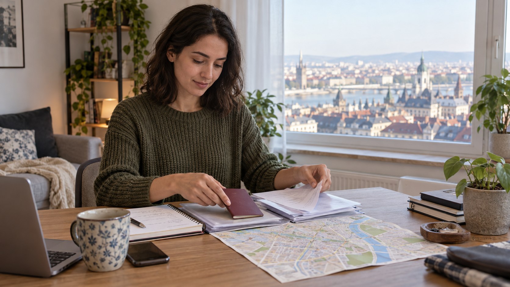 Newcomer organising residence documents and a city map at a European apartment desk