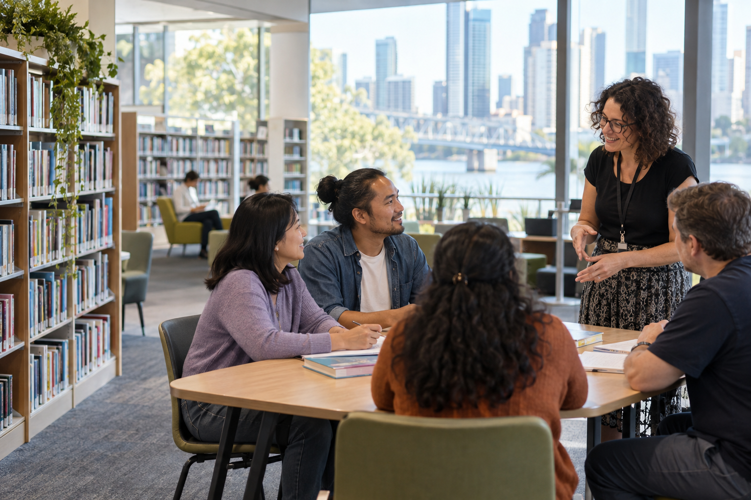 Adults taking part in a library discussion around a table