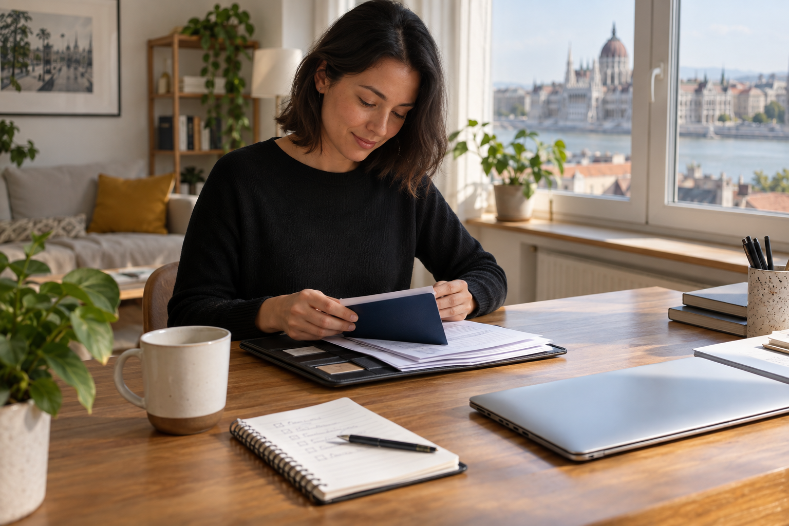 Professional organizing passport and employment documents for Hungary permit renewal preparation.