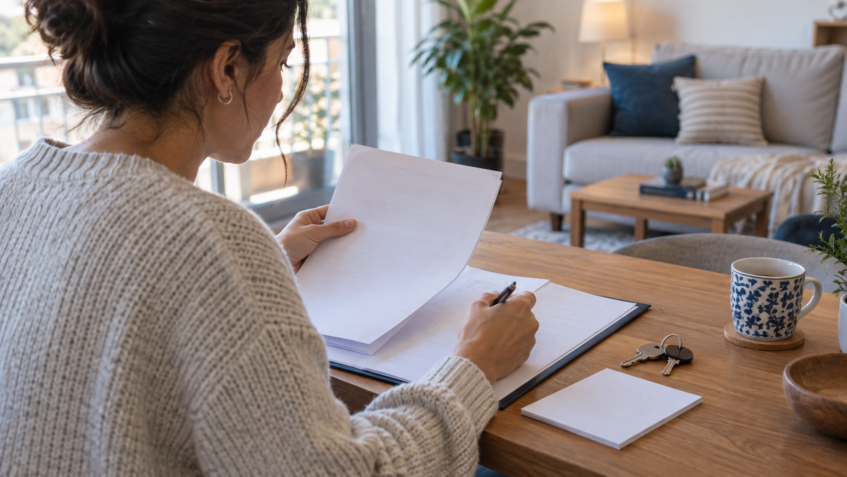 Person reviewing a rental agreement beside apartment keys at a table