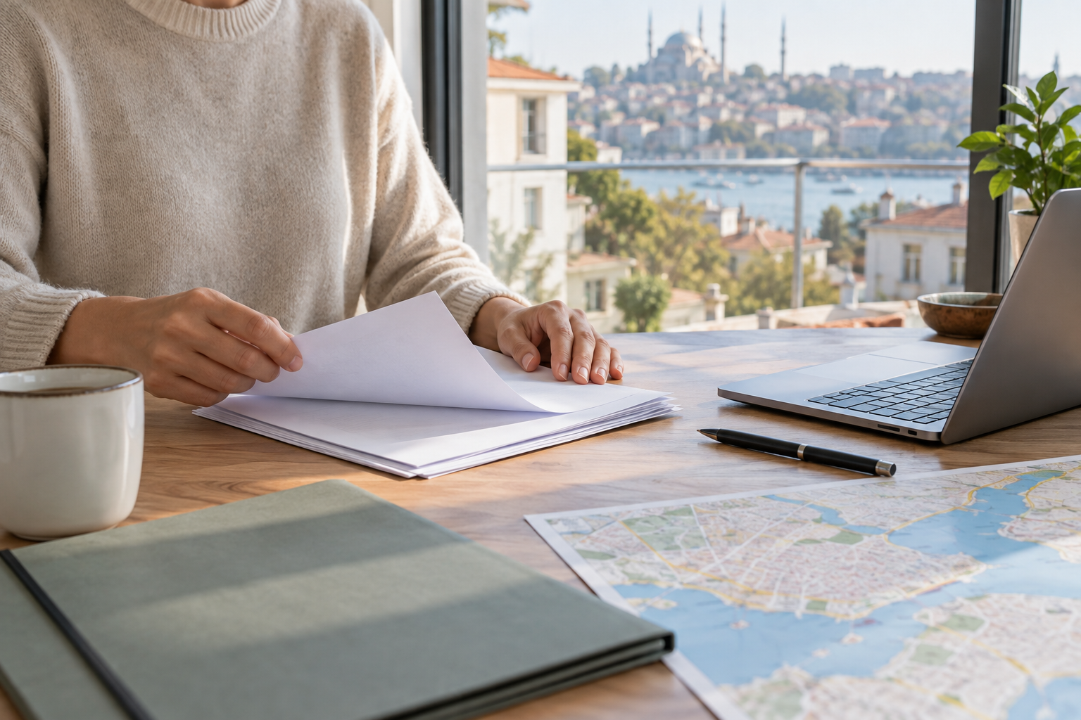 Person organising neutral residence-address paperwork at an Istanbul apartment table