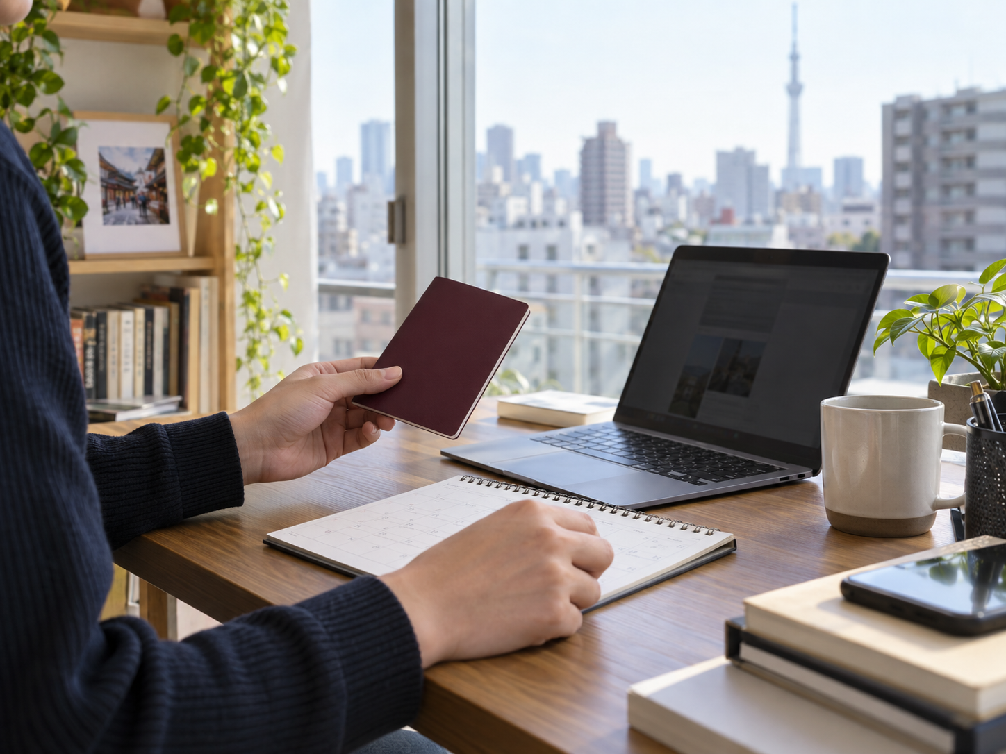 Person checking a document holder and calendar at a Tokyo apartment desk