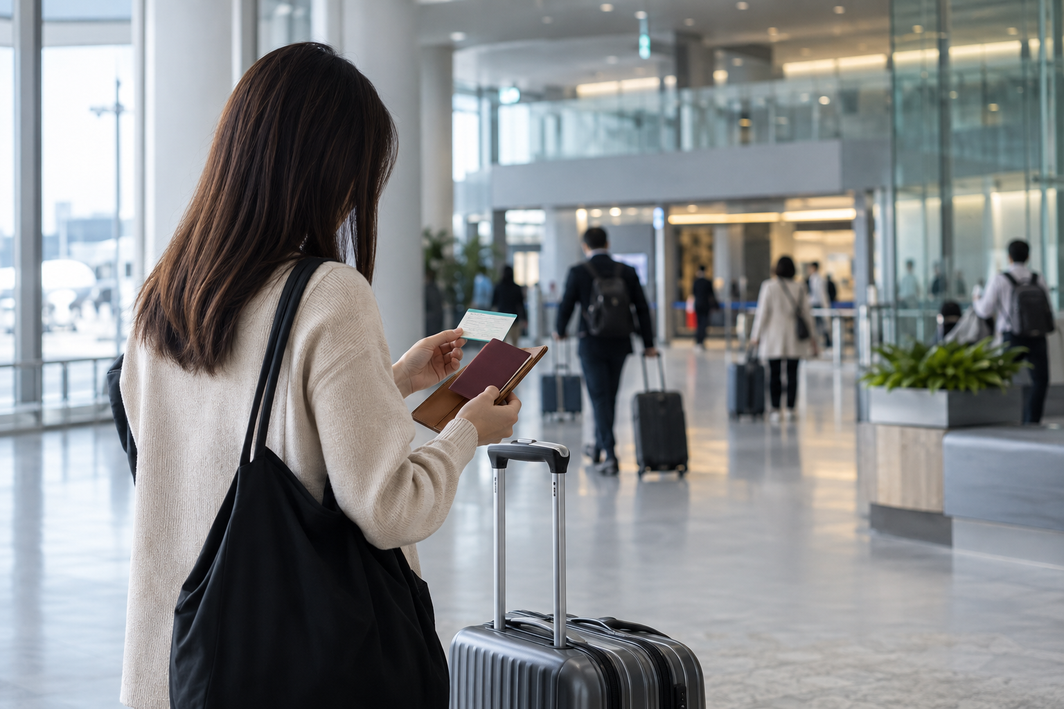 Traveller checking travel documents beside luggage in a Japanese airport arrival hall