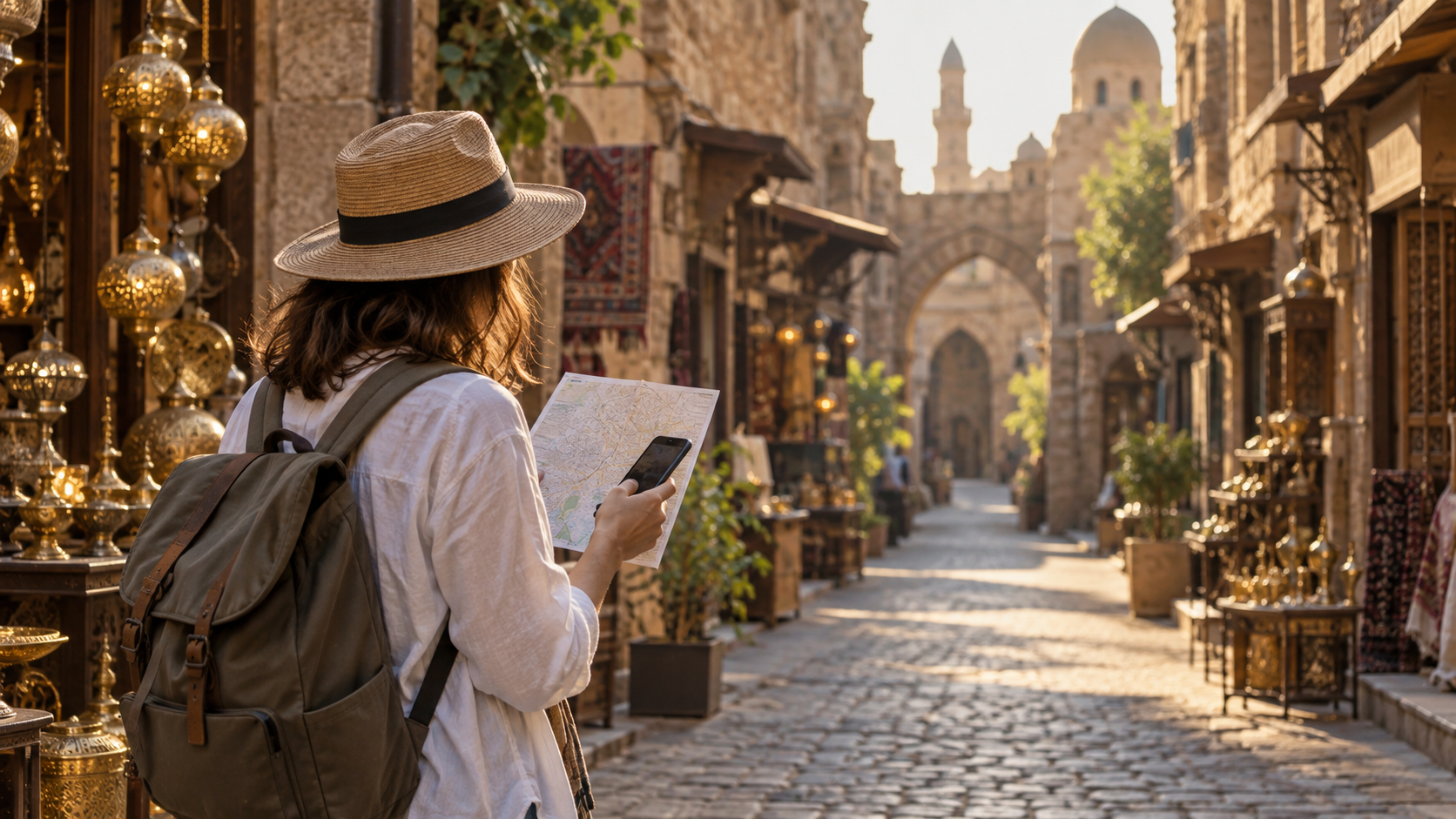 Visitor checking a map before entering a historic Cairo market lane