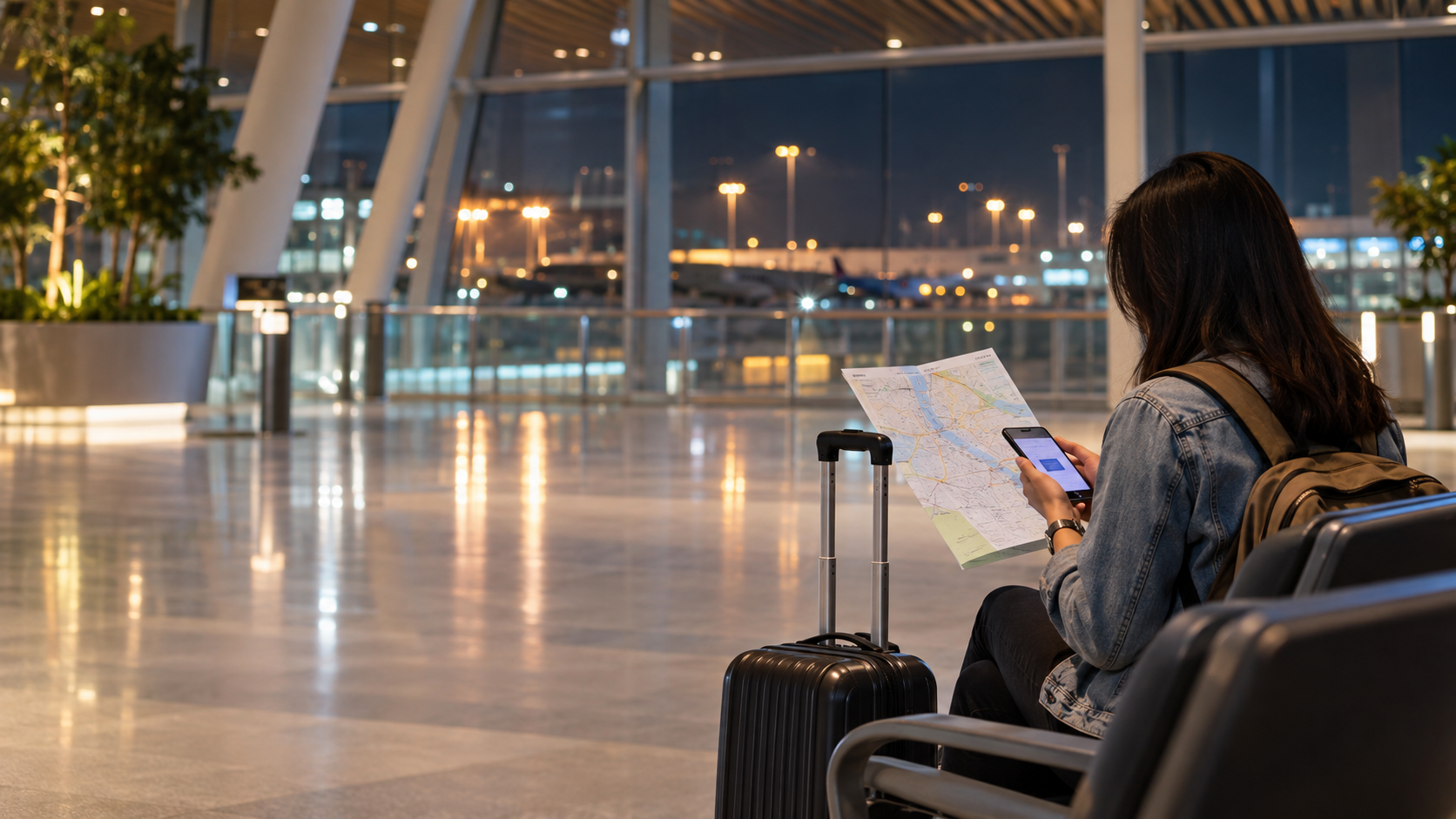 Traveller checking an airport route map and phone beside luggage at night