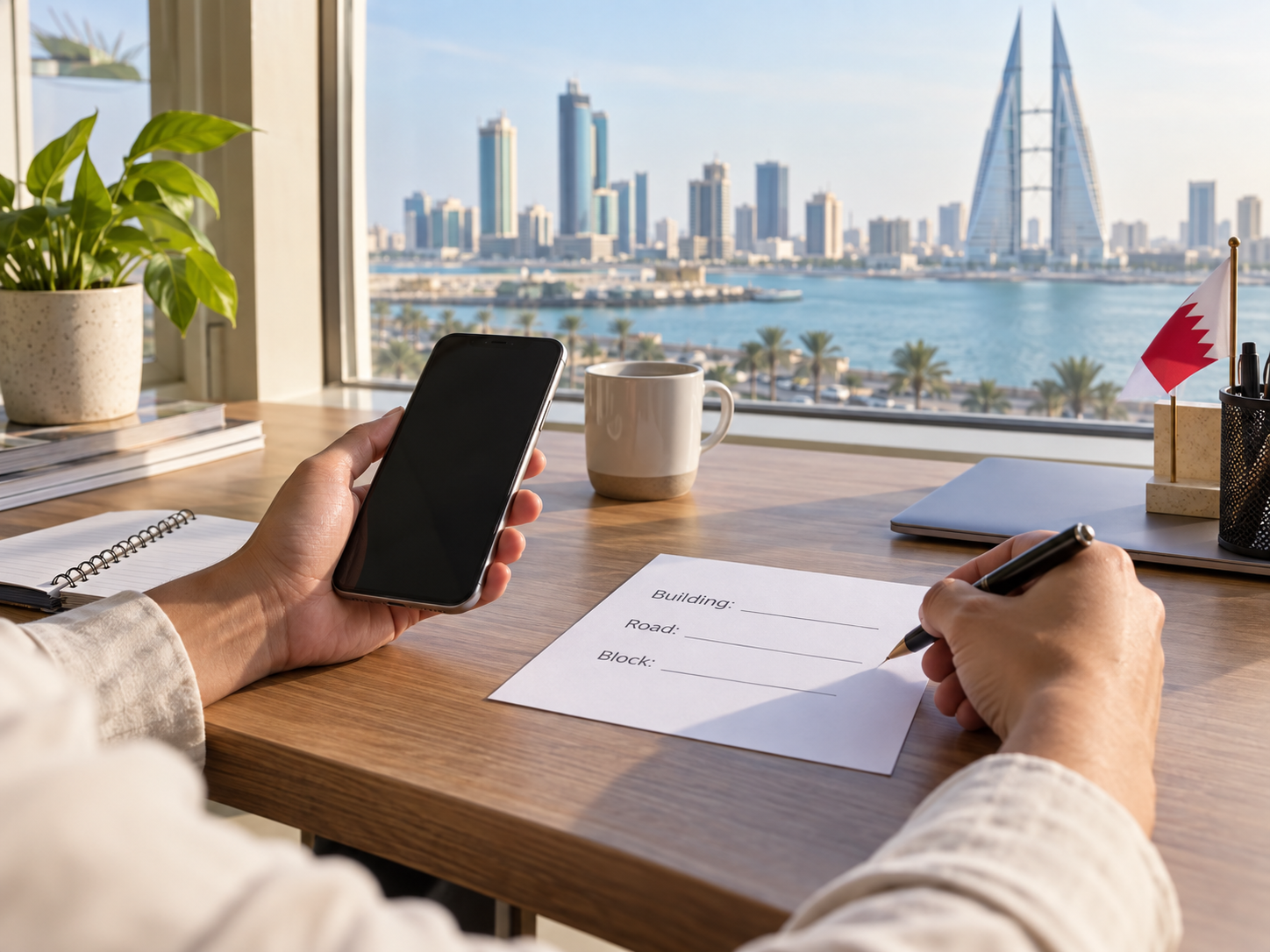 Person noting building, road and block details at a desk overlooking Manama