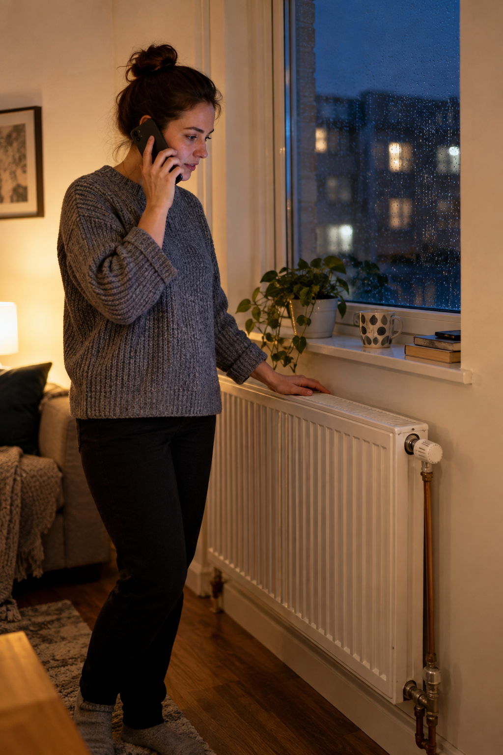 Tenant using a phone beside a radiator in a rented flat at night