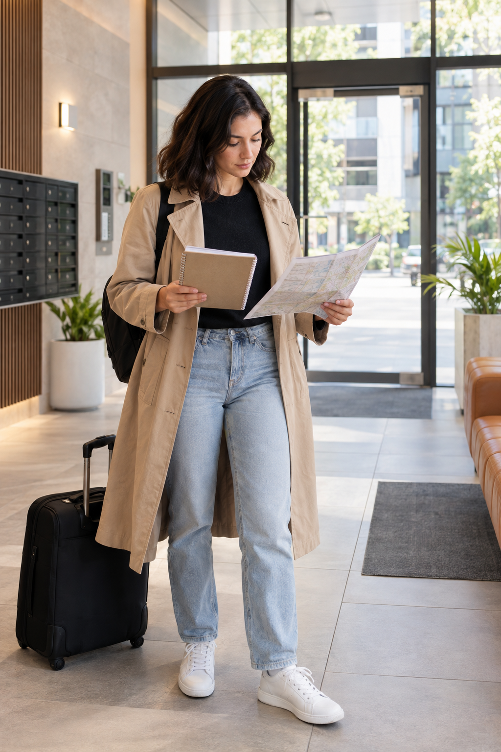 Newcomer reviewing a notebook and city map beside a travel bag in an apartment lobby