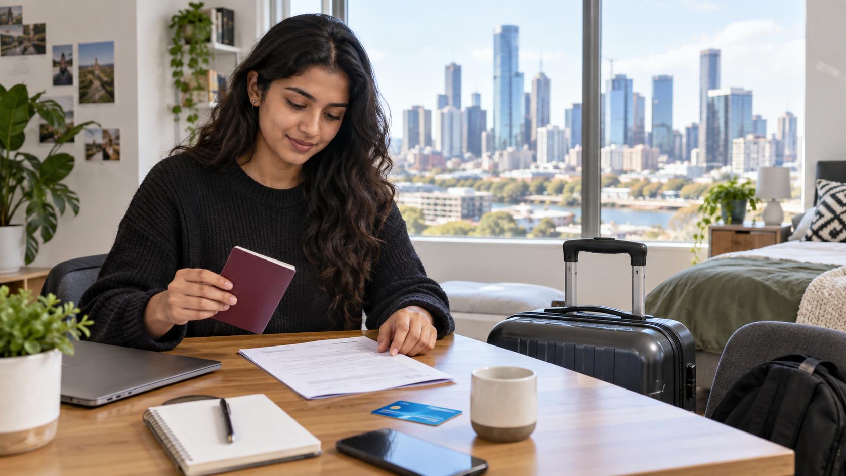 International student organising travel and enrolment documents beside a suitcase in Melbourne