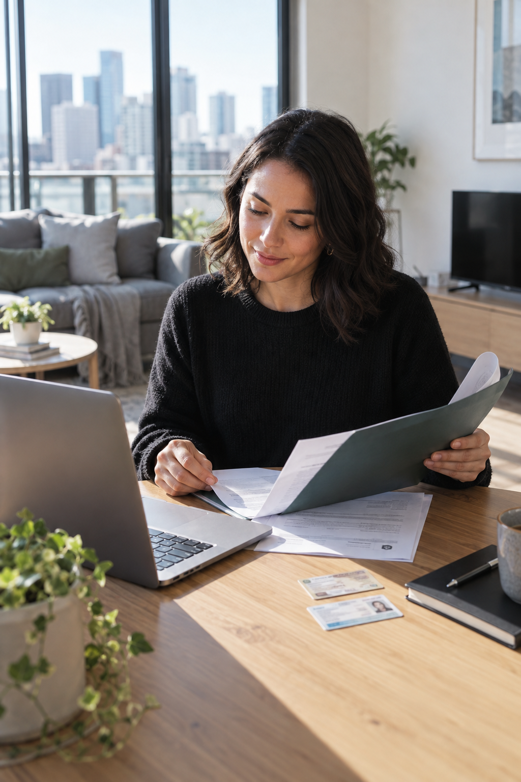 Renter reviewing an application folder and identity documents beside a laptop in a Melbourne apartment