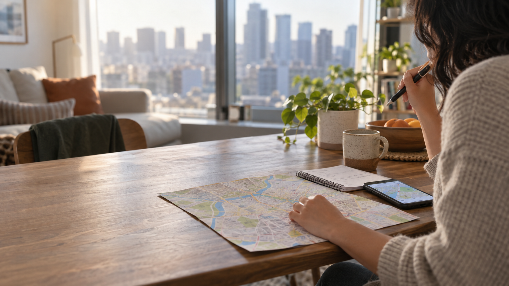 Newcomer comparing a city map, notebook and phone at an apartment table