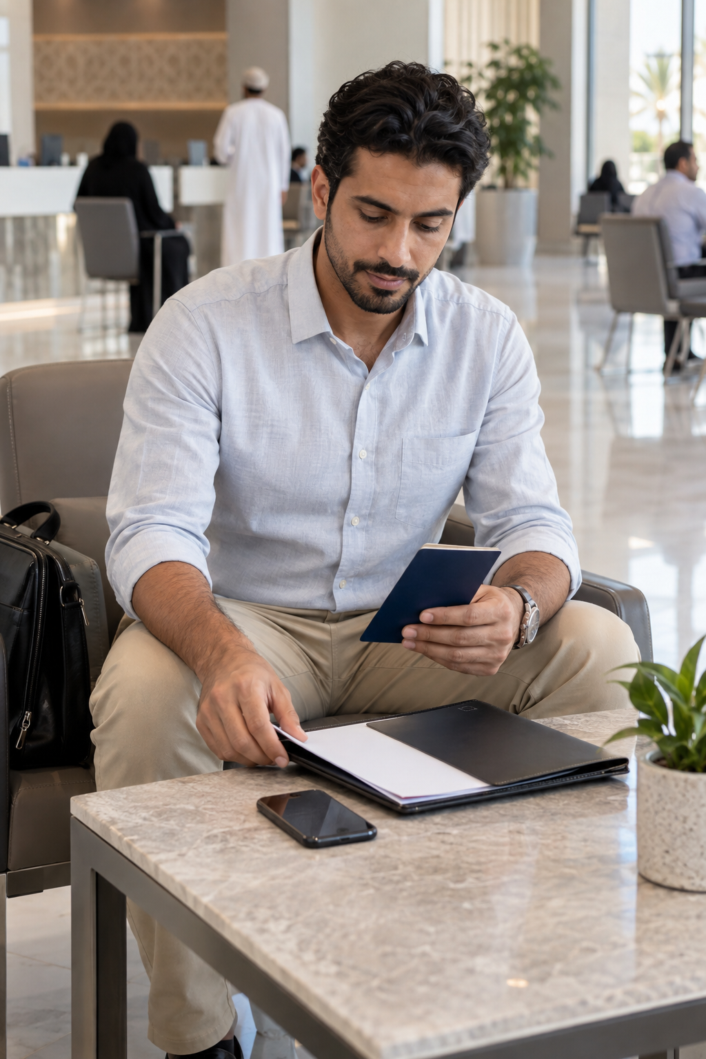 Worker organising a document folder and passport in an Oman service-centre waiting area