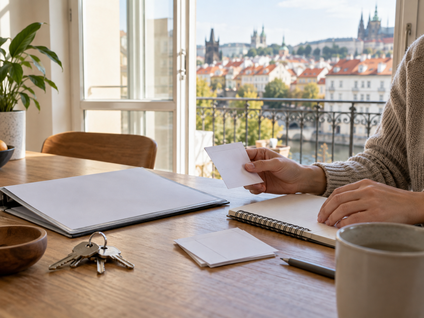 Person organising accommodation notes and keys at a Prague apartment table