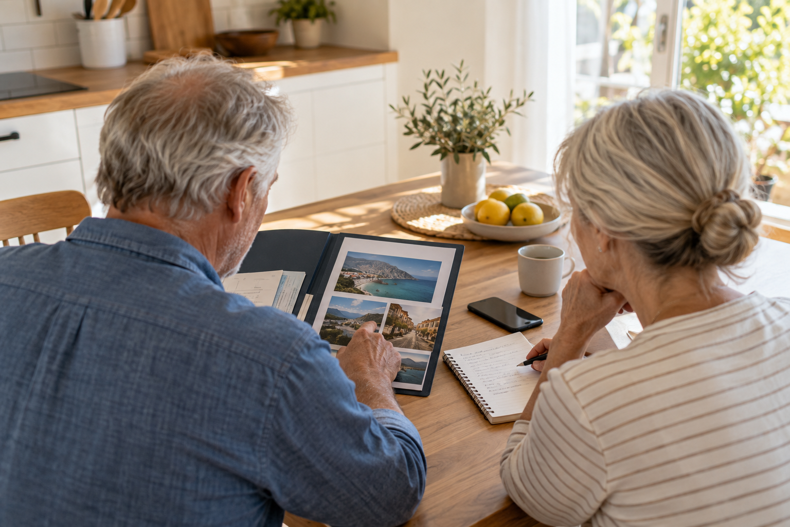 Two older adults reviewing a travel folder and notes at a kitchen table