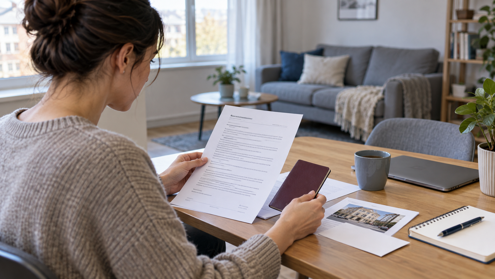Person reviewing a rental agreement and identity document at an apartment table