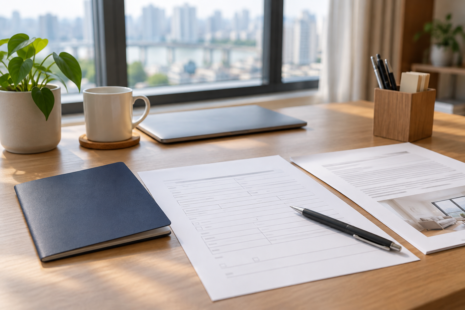 Address-planning documents and a notebook on a desk overlooking Seoul