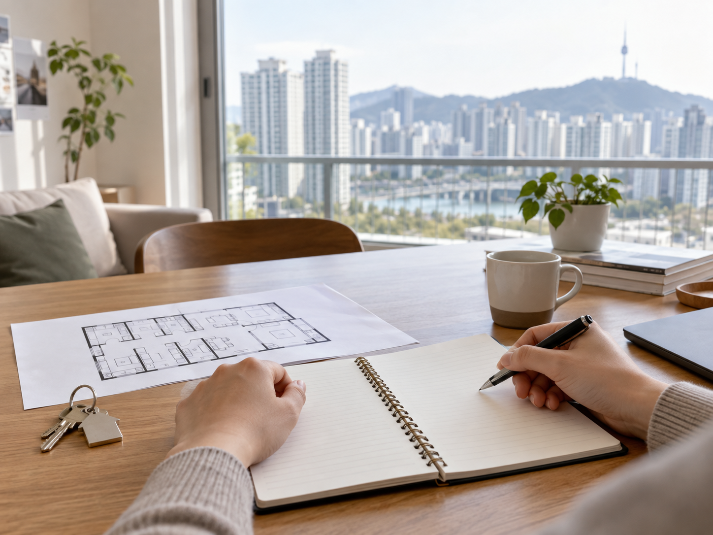 Person reviewing an apartment floor plan and notes at a Seoul home-viewing table