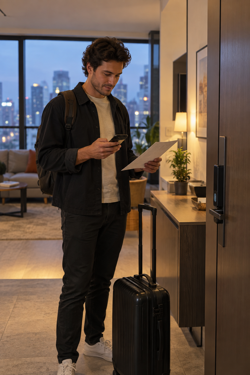 Traveller checking a phone and address document beside luggage in a Shanghai apartment entryway