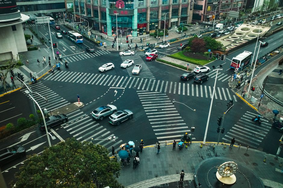 Traffic and pedestrians at a Shanghai city intersection