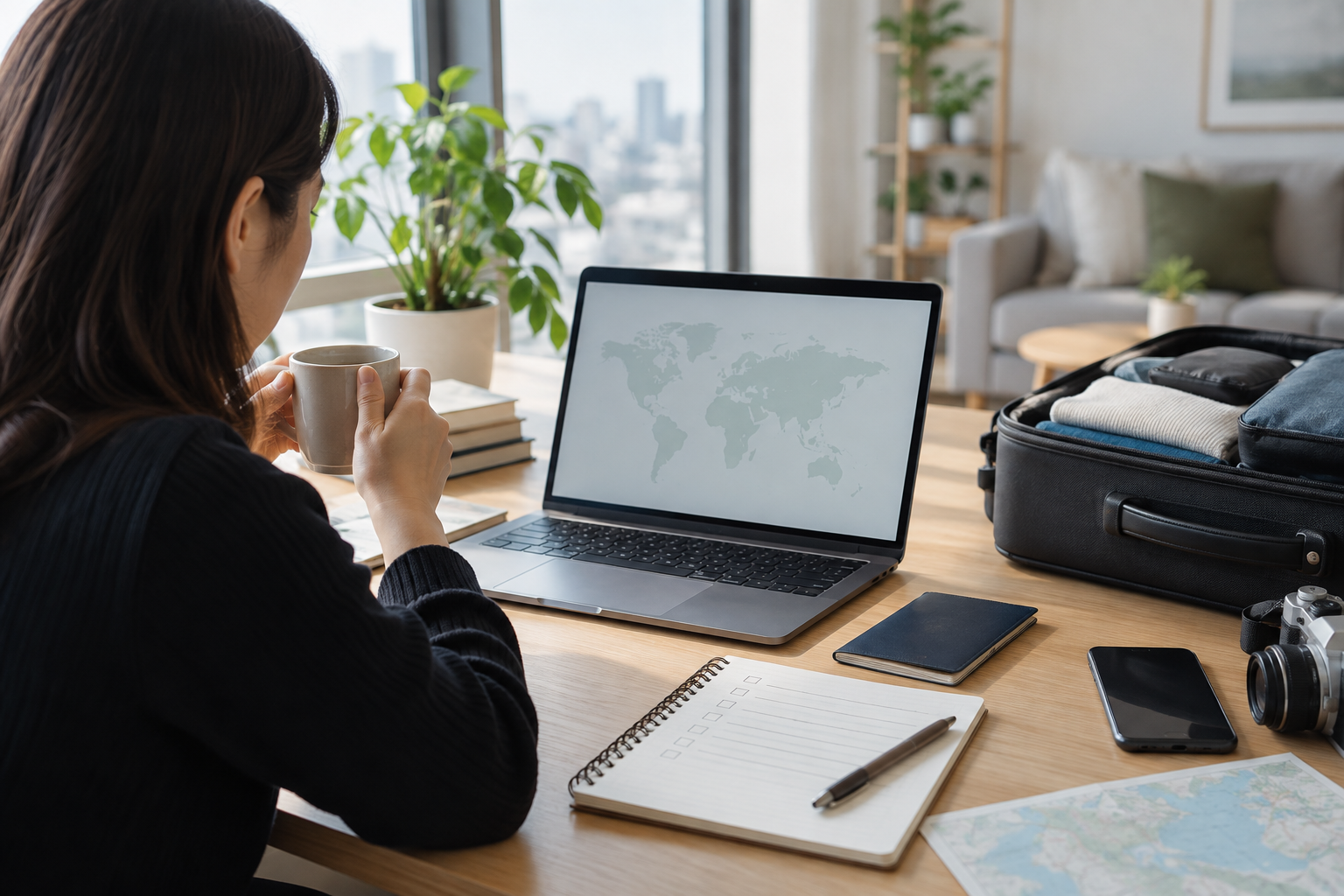 Remote worker planning an international move with laptop and luggage