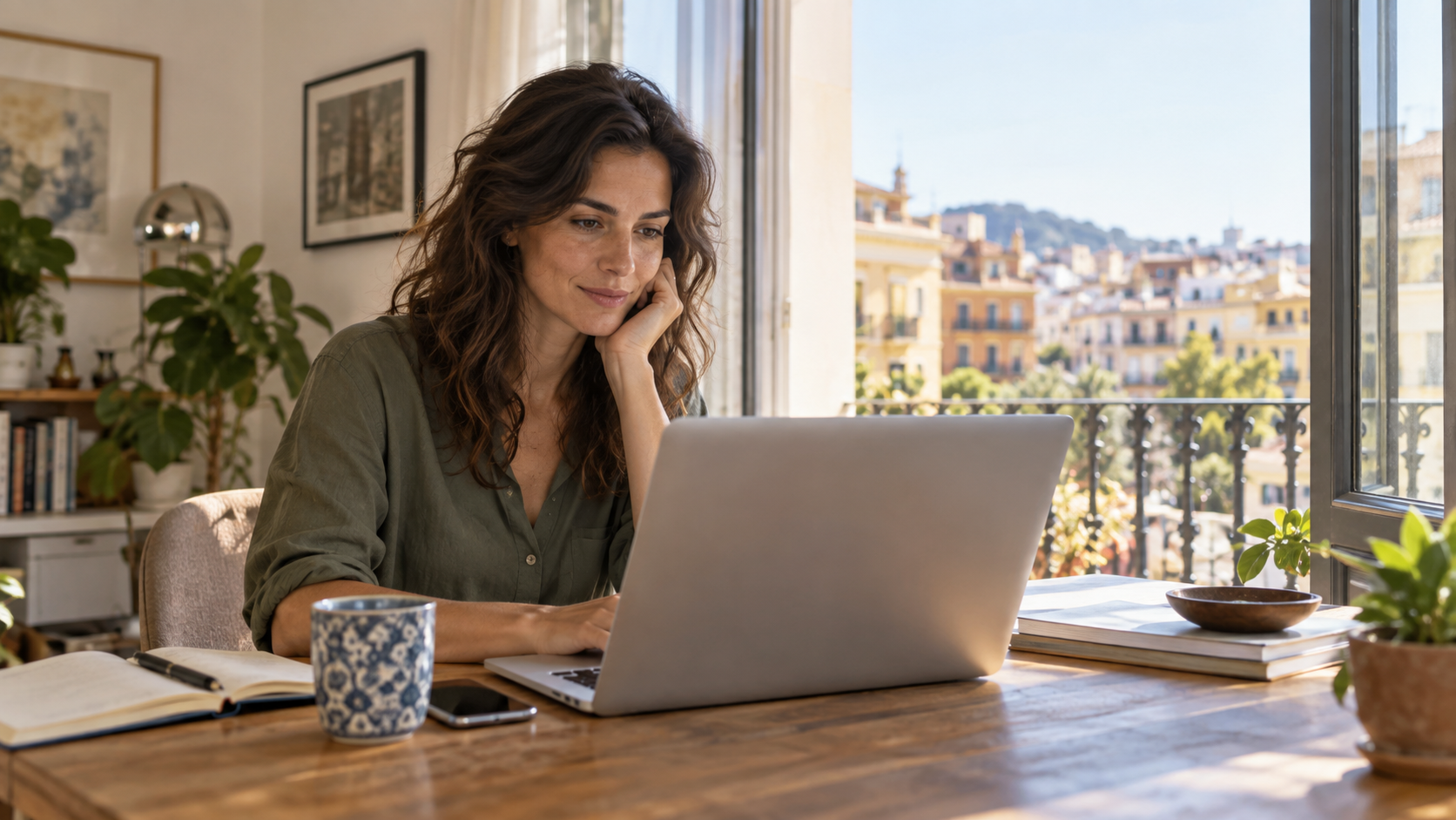 Remote professional using a laptop in a bright Barcelona apartment