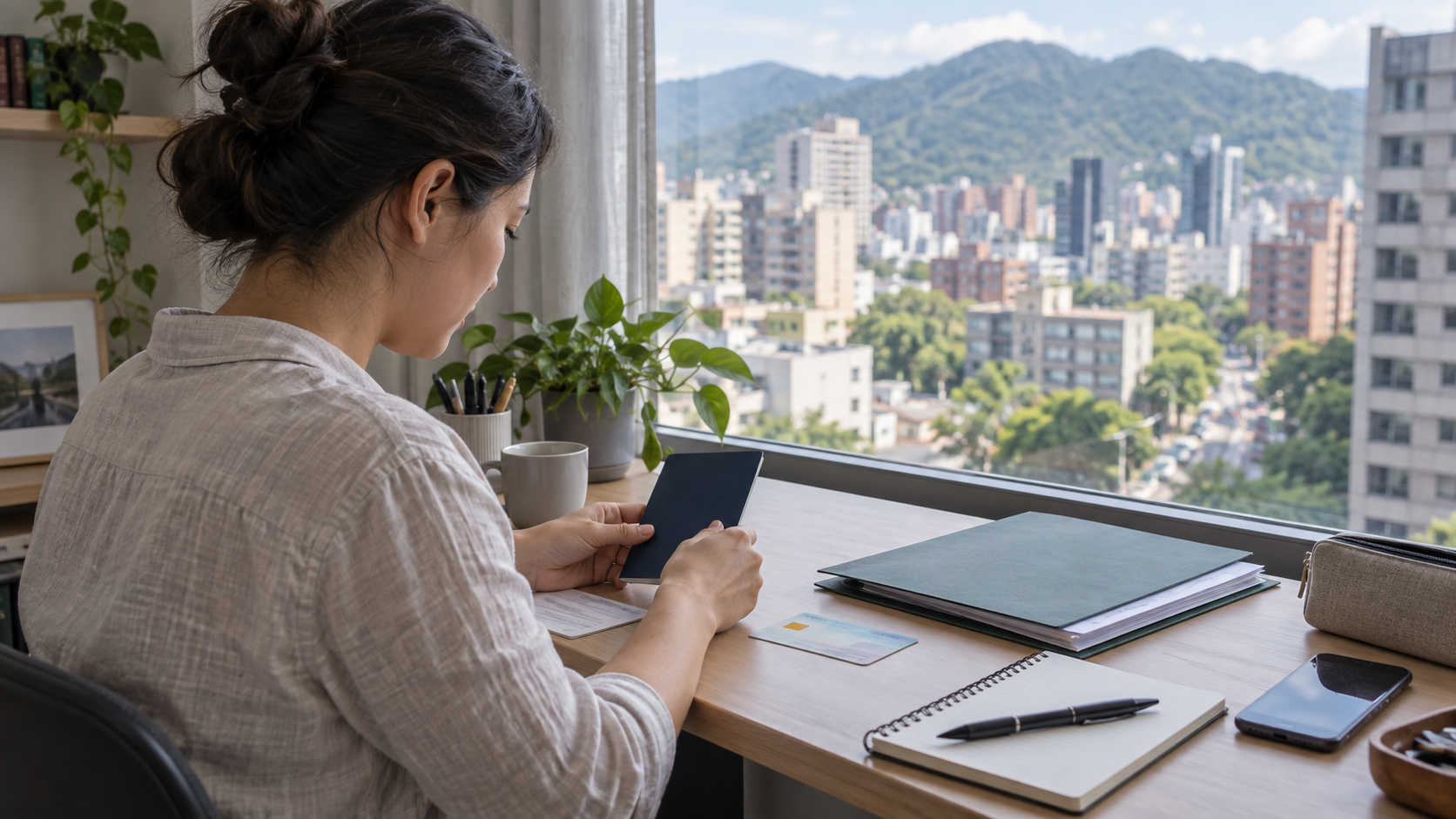 Newcomer organising residence documents at an apartment desk in Taipei