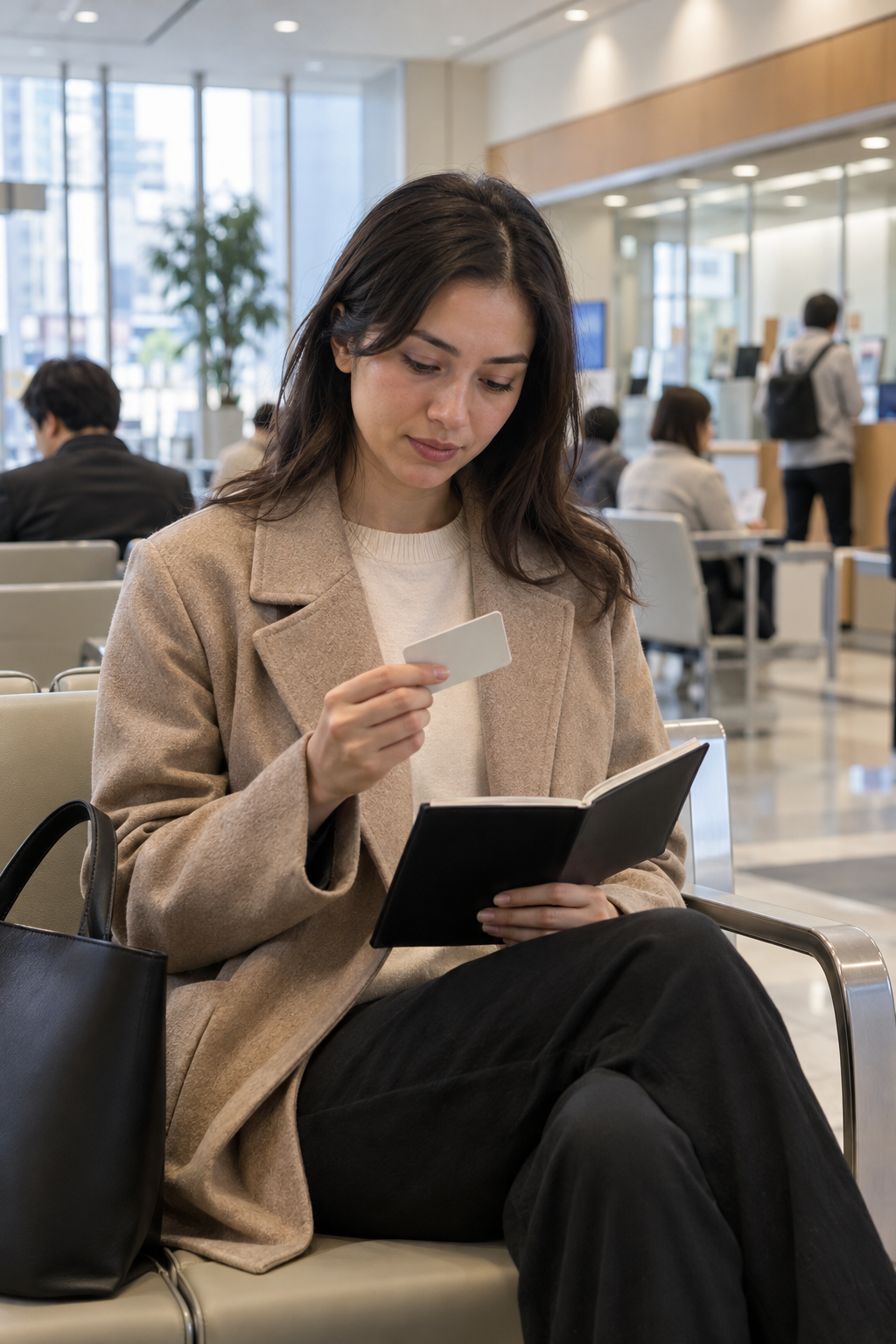 Newcomer reviewing a blank card holder and notebook in a municipal-service waiting area