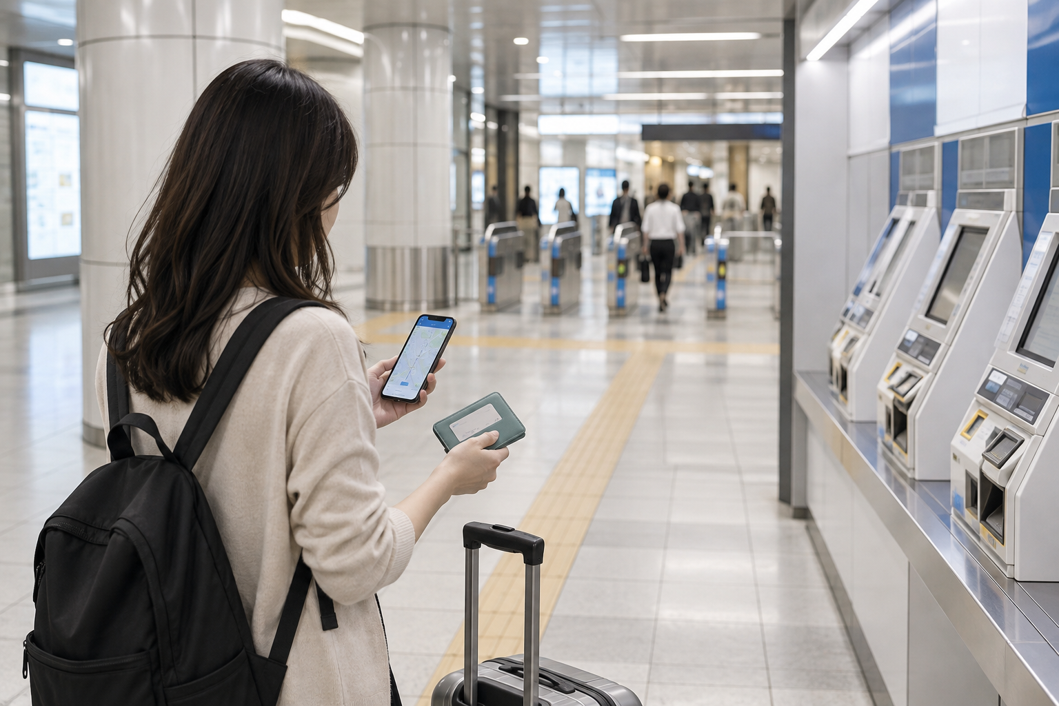 Traveller checking a route and ticket options near machines in a Tokyo subway station