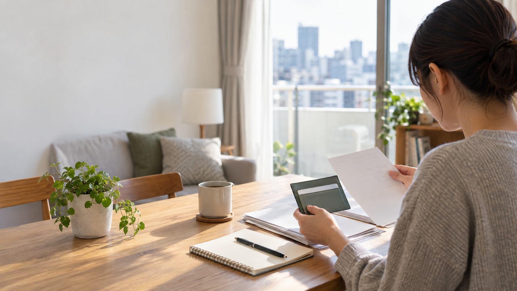 Person organising an address-registration document folder at an apartment table