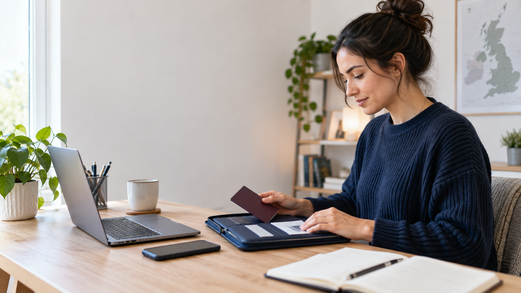 Adult reviewing a passport and documents beside a laptop while preparing an online UK work-administration application