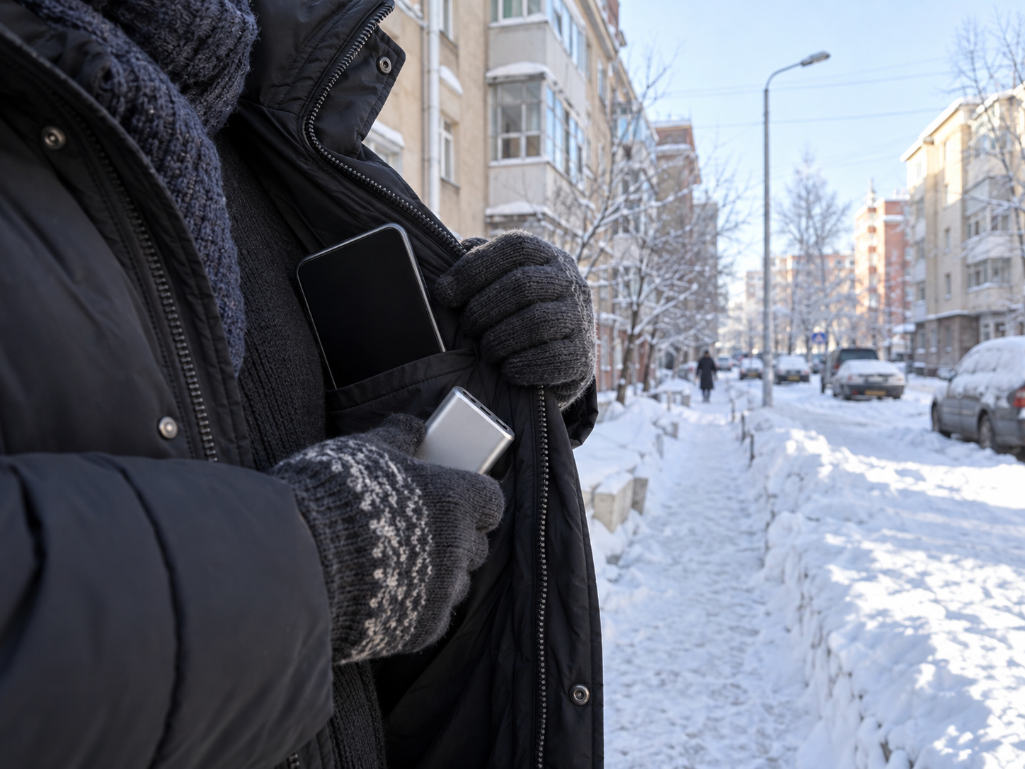 Person placing a phone and power bank inside a winter coat on a snowy street
