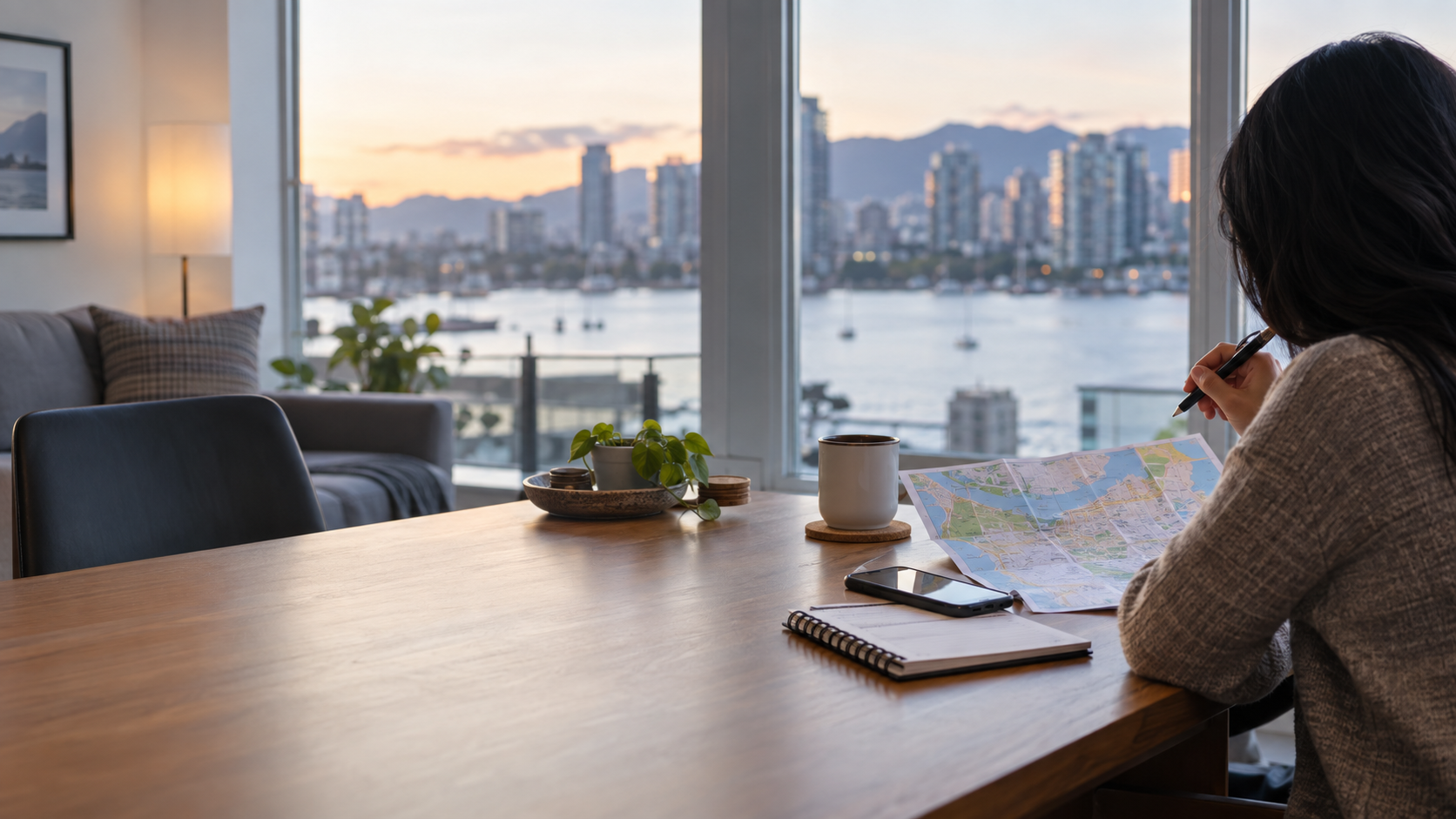 Newcomer checking a Vancouver map and phone at an apartment table