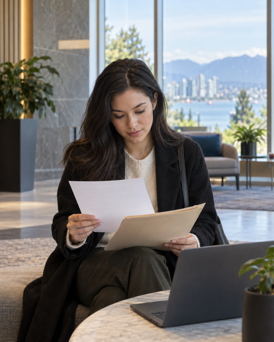 Newcomer reviewing a rental viewing checklist and folder beside a laptop in a bright Vancouver apartment lobby