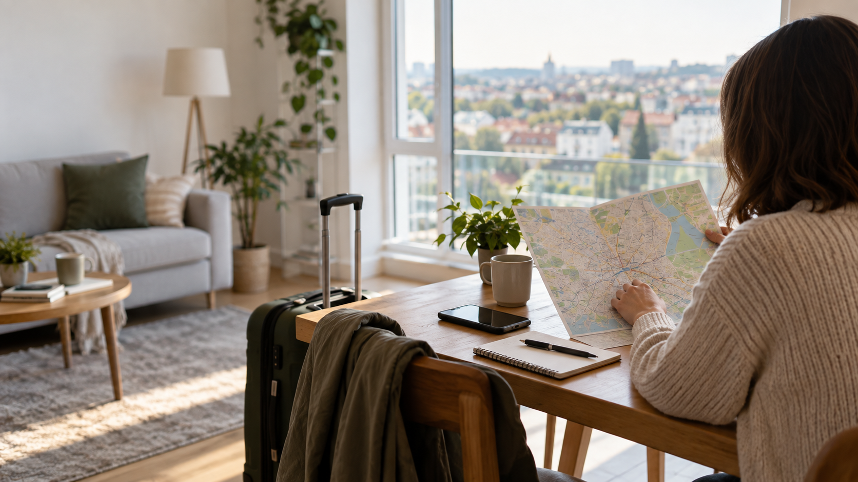 Newcomer checking a Vilnius map and phone beside luggage