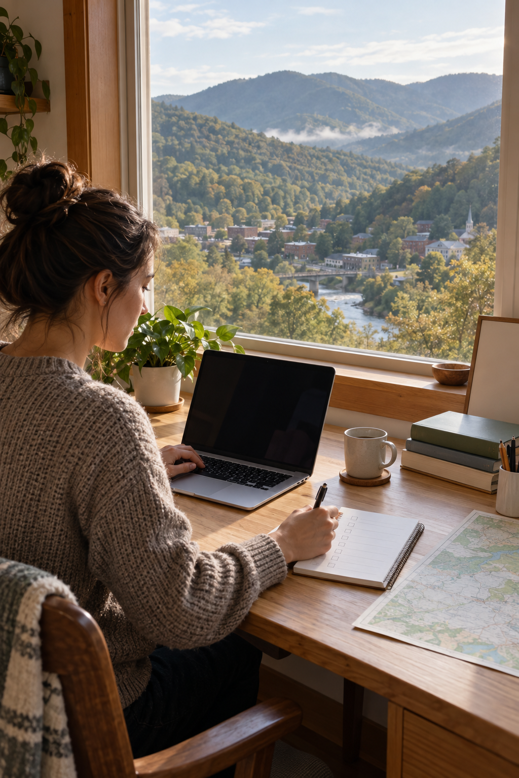 Remote worker planning a move with an Appalachian town view